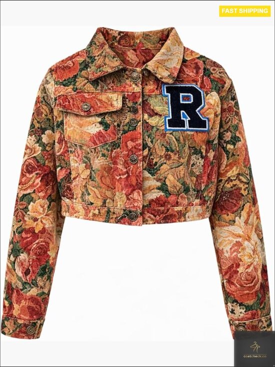 Jackets & Blazers - Cropped Jacquard Jacket Textured Floral Collared Button Up Lightweight with